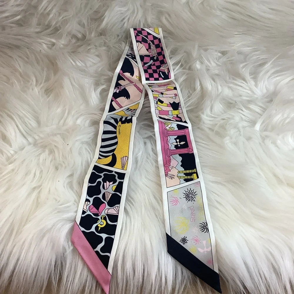 Hermes Pink & Yellow Silk Twilly Scarf - Picture 3 of 6
